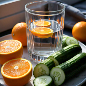 A glass of water with cucumber and oranges, ideal for natural skin hydration.