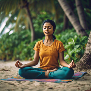 Person meditating outdoors in a calm, stress-relieving environment.