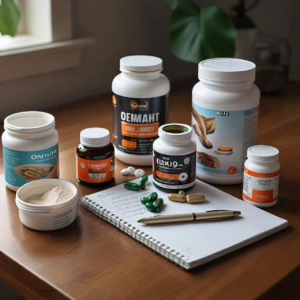 Various health supplements on a table, including protein powder and omega-3 capsules, tailored to fitness goals.